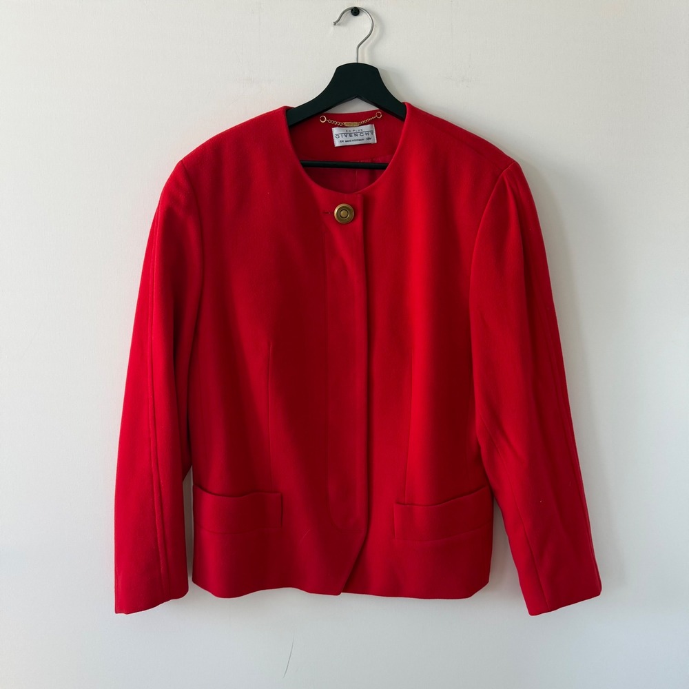 Vintage Givenchy En Plus Red Wool Collarless Blazer Jacket Size 14W Germany